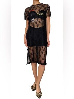 Rare Y2K Zara Black Mesh Dress with Embroidered Text Size Medium